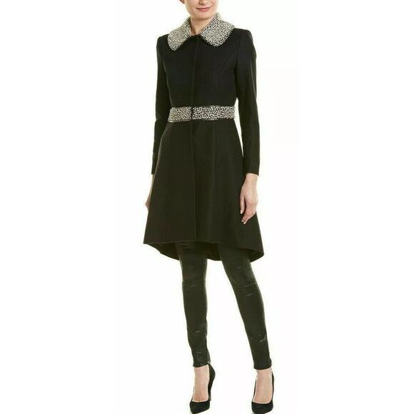 Alice + Olivia Leandra Black Embellished Virgin Wool-Blend Coat Size Small